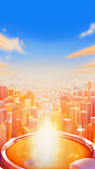 A city rendered in three dimensions,light orange and white, vibrant stage background, transparent/translucent medium, aerial view, colorful sky,pinterest, dribble, hight detail, unreal engine, 3d, c4d, blender, OC renderer, depth of field, 8k, best qualit