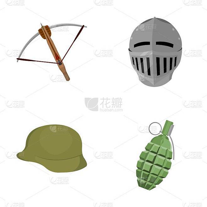 弩，中世纪头盔，士兵头盔，手榴弹。武器集合图标在卡通风格矢量符号股票插图web。