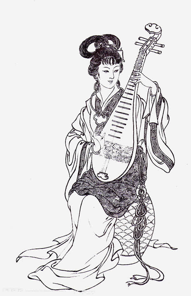 素描古代美女弹琵琶 创意素材 png素材