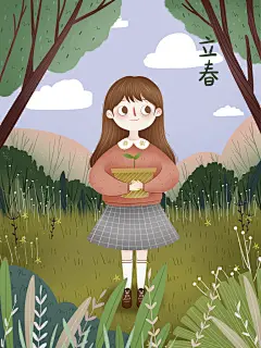 唯美卡通插画立春节气插画设计