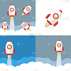 火箭发射的向量。乘坐火箭进行太空旅行。火箭助推器和宇宙飞船矢量漫画
