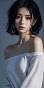 Best quality, masterpiece, ultra high res, (photorealistic:1.5), raw photo, 1girl, offshoulder, in the dark, deep shadow, low key, cold light, sexy look, short hair,xxmixgirl,yinglight, Half body photo