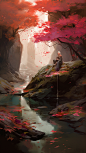 A tranquil zen garden with a gently flowing stream, moss-covered rocks, and a Japanese maple tree shedding its crimson leaves, in the style of Aleksi Briclot, Charlie Bowater, Dean Cornwell, and Pino Daeni