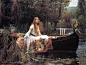 The Lady of Shalott 《夏洛特的女子》 
Artist: John William Waterhouse
Painting Date: 1888 
根据丁尼生的诗所画。夏洛特被神困在古堡里。她通过从窗户投射到镜子上的影像看见心仪的兰斯洛特骑士，如果离开阴影，她就要死去。丝丝凉意爬上暮霭的湖面，深绿的树丛、折断的水草、惊飞的小鸟、船头将熄的蜡烛、以及基督受难十字架，全都预示着即将发生得到不幸。黑色的小船搭着金黄色与玫瑰色相间的织毯，，准备度过她人生的最后时刻。