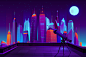 现代城市赛博朋克风格科幻城市夜景风景插画矢量图素材