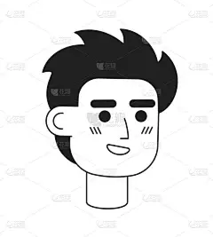 布鲁内特年轻男子与凌乱的头发单色扁平的直线字符头。冲浪男性。可编辑的轮廓手绘人脸图标.用于动画的2D
