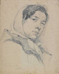 靳尚谊素描头像作品  包头巾的女孩 1960年