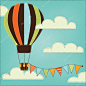 Vintage or retro hot air balloon in sky with clouds and  bunting, flags or banner, for scrapbooking or backgrounds, vector format