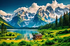 湖水植物山川晴空草地创作插画图片