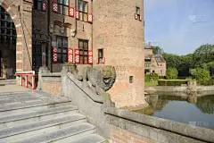 石材,狮子,前面,城堡,特拉华,德哈尔城堡,乌得勒支直辖市,乌特勒支,正面视角,水