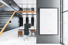 现代办公室内饰，墙上挂着空白横幅。