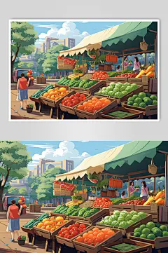 AI数字艺术菜市场生鲜蔬菜市场线条插画-众图网