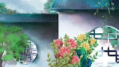 【源文件可下载】中国古风汉服风荷花庭院亭子池塘苏州园林后花园PSD设计素材海报