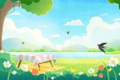 小清新春天夏日手绘卡通户外田园风光插画海报背景(53).psd