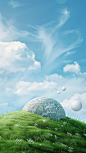 a large stone on a blue hill with green grass, in the style of digital illustration, luminous spheres, light sky-blue and light white, soft and airy compositions, innovative page design