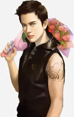 手绘拿花帅哥-觅元素51yuansu.com 手绘插画