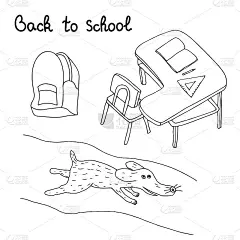 回到学校手绘集。艺术素描。书桌，背包和走狗