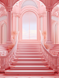 an pink and white room with pink staircases, in the style of digital art, richly detailed backgrounds, light red, kawaii aesthetic, detailed marine views, rich color contrasts, arched doorways