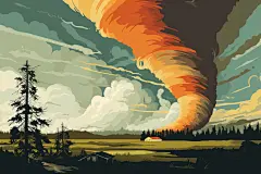 扁平风被破坏的房屋自然灾害龙卷风插画