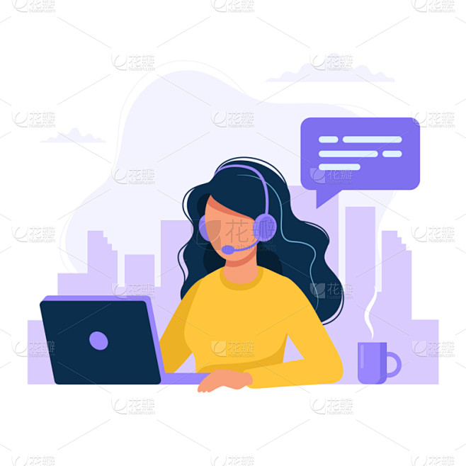 计算机,女人,绘画插图,扁平化设计,耳机...