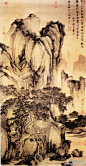 #古画#【 明 唐寅《山路松声图》】 绢本，设色，纵194．5cm，横102．8cm，台北故宫藏。此图写山石悬岩陡峭，苍松虬曲， 山泉飞下，石道围栏弯曲，伴着松涛阵阵，有高士正携仆观泉听风，悠然自得，不禁令人留恋于此，画面既清润秀雅又浓重雄健。