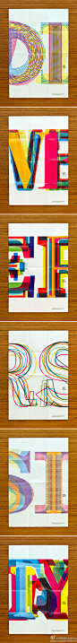 字体系列《DIVERSITY 多样性》，将字母一分为二，放入前后张海报，同一字母拥有两种不同的叠加效果，色彩斑斓。
