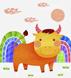 黄色小牛高清素材 云朵 印花 可爱 小牛 小门 尾巴 手绘 月亮 牛角 黄色 免抠png 设计图片 免费下载