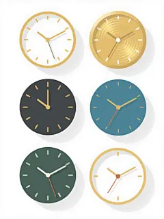 极简扁平风格插画，六个不同配色、不同样式、不同材质的时钟，白色背景，排列整齐，圆形表盘，金色简约刻度，细长指针，部分时钟带有金色光晕和动态轨迹效果，色彩明快，线条流畅，阴影柔和，整体呈现简洁现代的设计感。