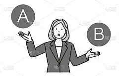 黑白插图，一个女商人通过展示两个选项来思考
