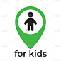 儿童友好的标志贴纸儿童咖啡馆，游戏区和区域。地理标记与一个快乐和不快乐的孩子的照片。在地图上为蹒跚学