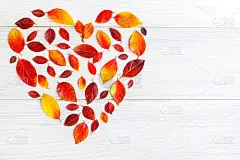 红黄色的心从落叶上轻木制的背景。象征着秋天的婚礼，姗姗来迟的爱情，年老的爱情。本空间