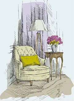 手绘单人扶手沙发矢量素材，素材格式：EPS，素材关键词：手绘,家具,花瓶,落地灯,沙发,扶手沙发