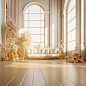 gold themed interior with flowers and furniture 3d render, in the style of ballet academia, golden light, thomas cole, clean-lined, award winning, mediterranean-inspired, light-filled scenes