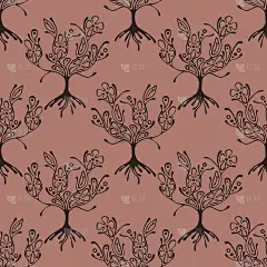 无缝图案、矢量手绘重复插图、纹样纹饰不尽的树木。色彩丰富的抽象背景，接缝图形插图，艺术线描剪影