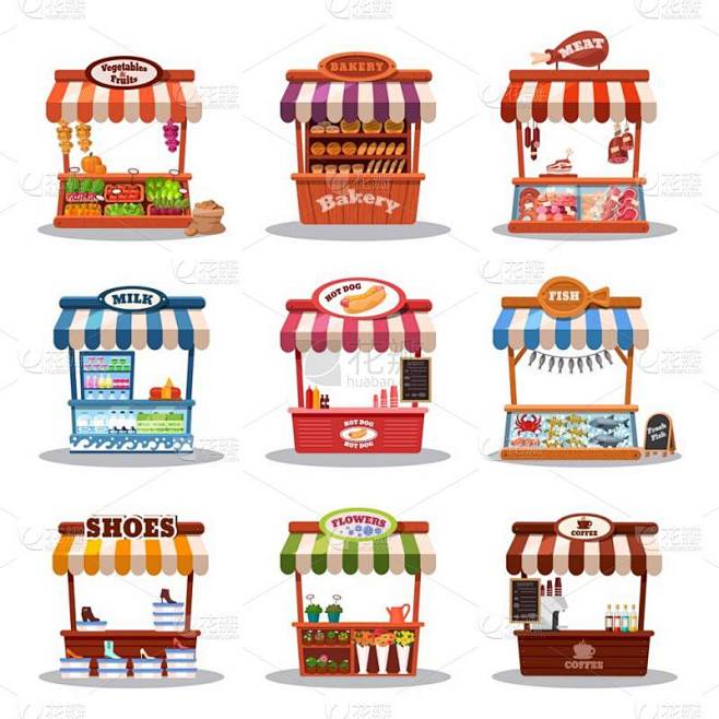 Stall Street market vector illustration.设有快餐、摊位及街市