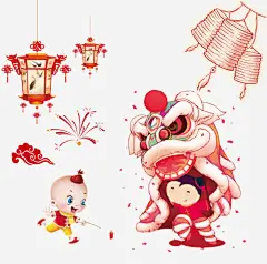 喜庆春节卡通手绘psd分层图高清素材 卡通手绘psd分层图 喜庆春节 喜迎新年 宫灯 手绘灯笼 放炮的儿童 欢庆节日 欢度春节 舞狮 免抠png 设计图片 免费下载