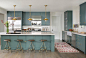 Green Kitchen Cabinets with Brass Hardware and Lights