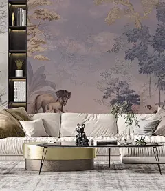 欧式 热带雨林 树林 马 鹿 狗 蘑菇 手绘 壁画 壁纸 墙画 背景墙 电视背景 床头背景 卧室 酒店