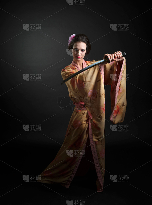 和服,传统,女人,日本,勇士,肖像,特色服装,钢铁,拿着,影棚拍摄