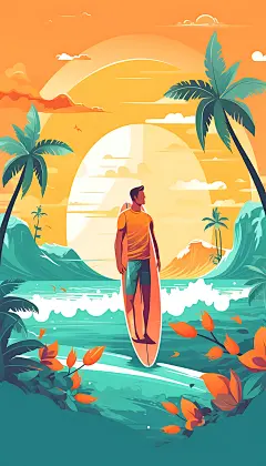 扁平风冲浪健身度假插画