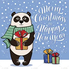 圣诞快乐，新年贺卡和熊猫