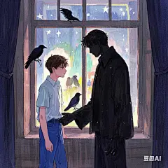 秘密是什么?什么是秘密?宝石，黑衣人，案发现场，男生。男生与黑衣人的影子逐渐重叠。窗外，乌鸦。大小对比，强烈的对比，留白，艺术感，故事感，孤独的氛围，水彩，彩铅，柔软的笔触，梦幻色彩，手绘插画，纹理，笔触肌理，童话故事，玻璃糖纸的色彩，黑暗的背景下，闪烁着五彩的光