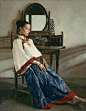 吕建军，他的人物画以一种颓废的美感独树一帜，造型流畅洗练，设色高雅，有着欧洲早期坦培拉绘画的韵味。画中人物多为清秀纤弱的女子，身着晚清民国时的服装，静静的坐在中国式的古典椅子上，散发出宁静悠远的思古情绪。 ​​​​