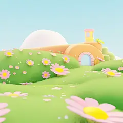 3d blender, fantasy land, in the style of neo-geo minimalism, flower and nature motifs, 32k uhd, minimalist backgrounds, cute cartoonish designs, rectangular fields, marguerite blasingame