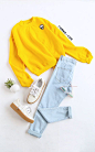 Yellow Drop Shoulder Embroidered Sweatshirt   Style: Cute Season: Fall Type: Pullovers Pattern Type: Embroidery Color: Yellow