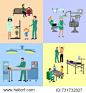 Medical services with doctors and patients in hospital. Vector illustration of reception, laboratory with radiographs and microscope, operating room and hospital for in-patients.