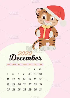 2022年12月的挂历模板。东方农历虎年。可爱的角色在平面设计。