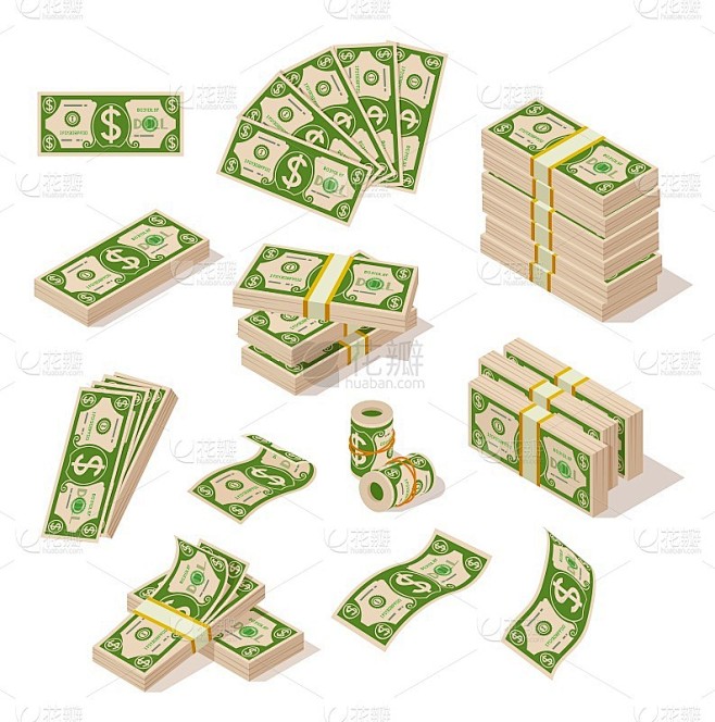 卡通账单的钱。美元现金，成堆成堆的美元。钞票堆、银行或生意兴隆。货币精确向量集