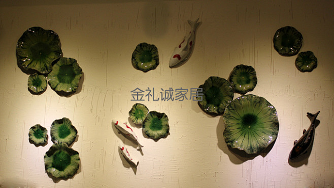 陶瓷荷叶荷花锦鱼挂件 客厅电视墙沙发背景...