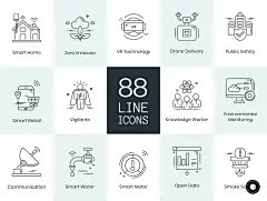 88 Smart Technology Line Icons⎪88个智能城市家居技术线条图标